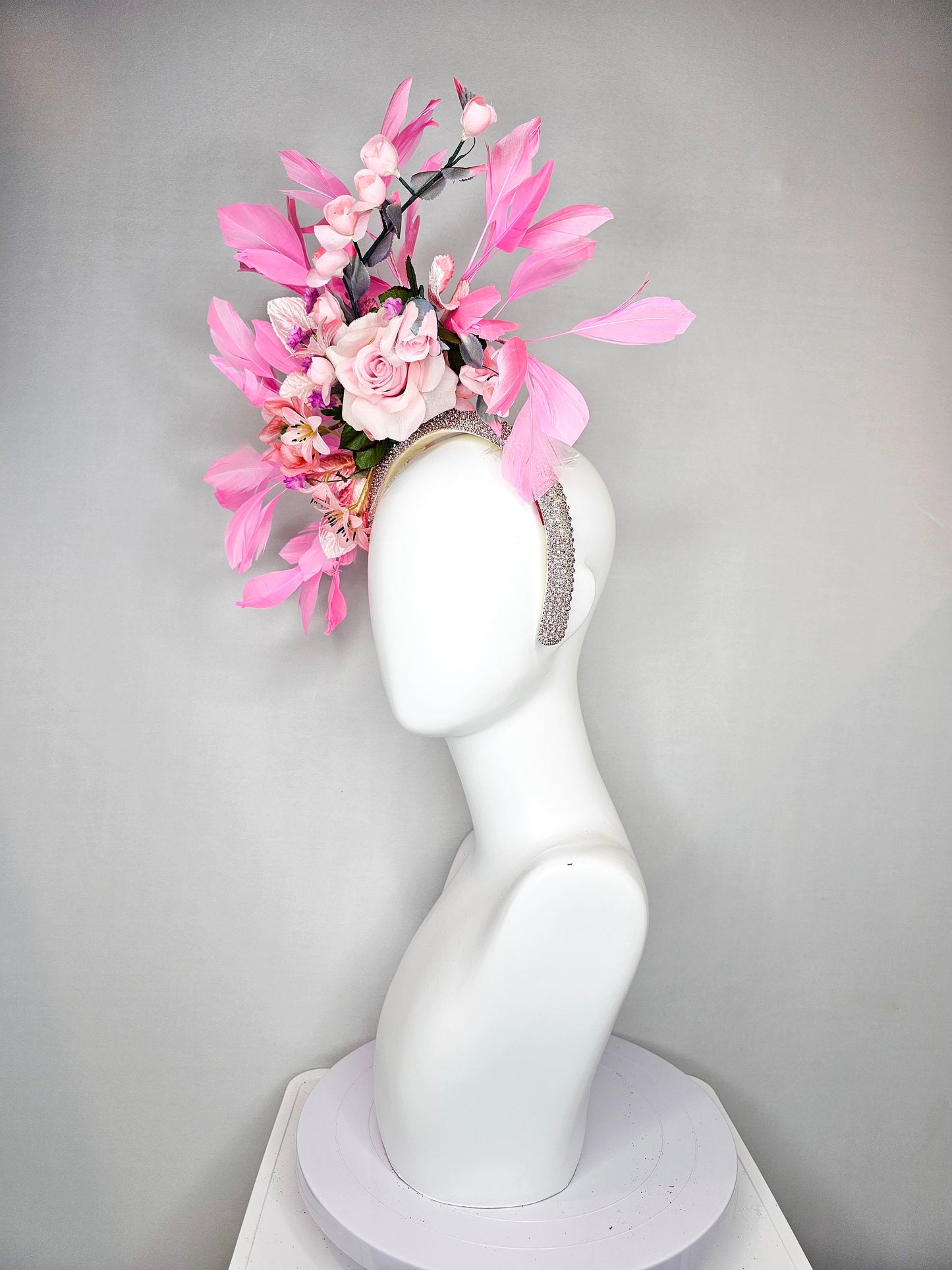 kentucky derby hat fascinator swarovski crystal rhinestone headband with pink silk flowers with pink feathers