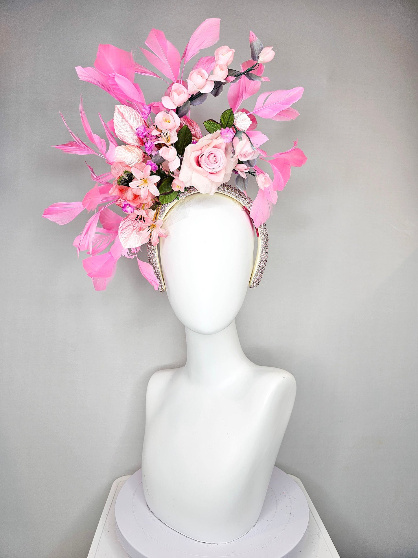 kentucky derby hat fascinator swarovski crystal rhinestone headband with pink silk flowers with pink feathers