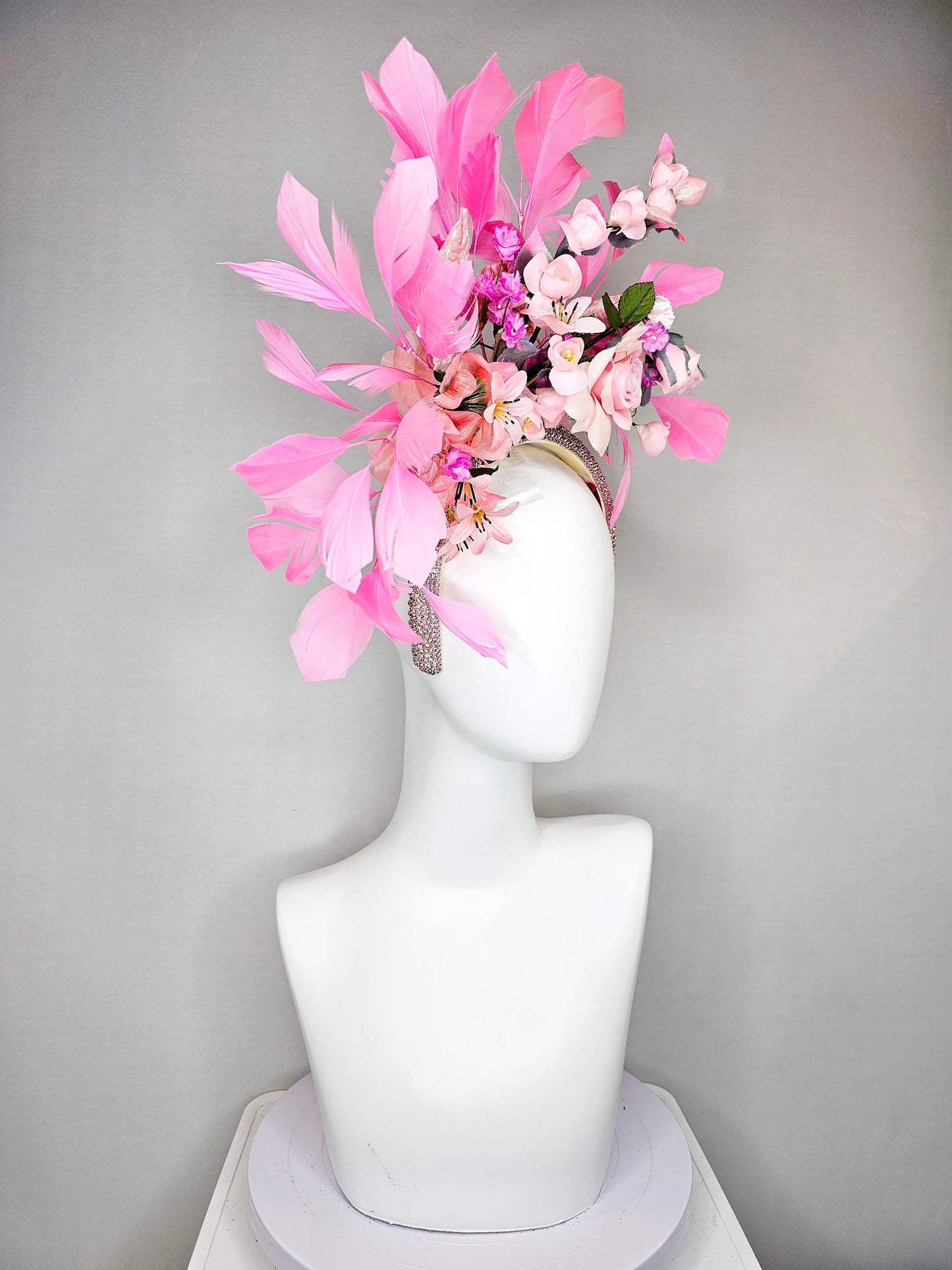 kentucky derby hat fascinator swarovski crystal rhinestone headband with pink silk flowers with pink feathers