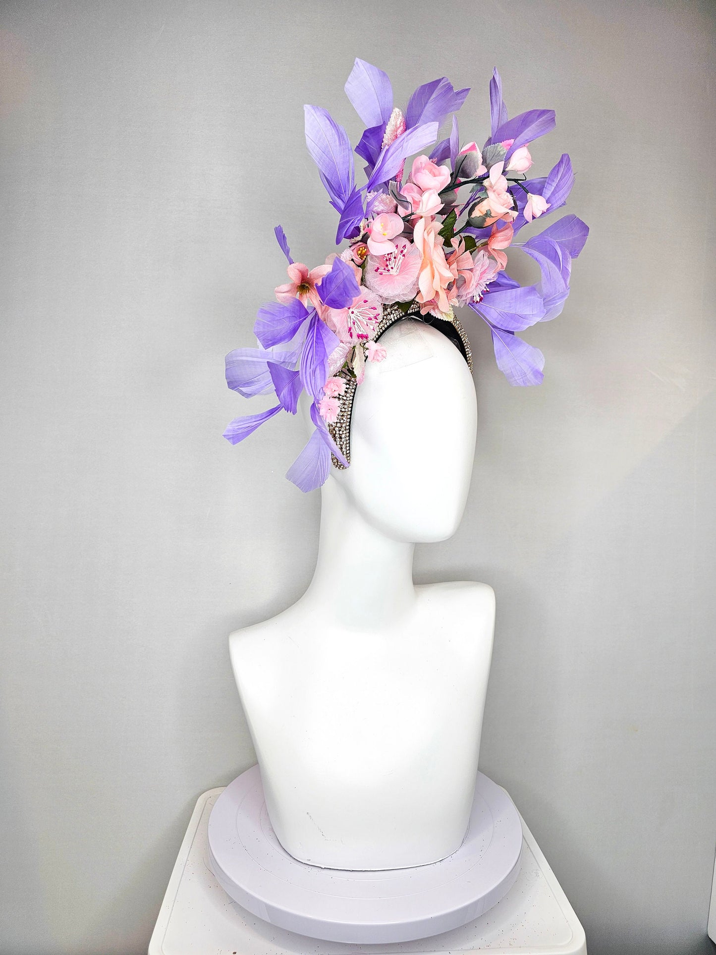 kentucky derby hat fascinator rhinestone crystal headband with light pink blush silkflowers and leaves lavender purple  feathers