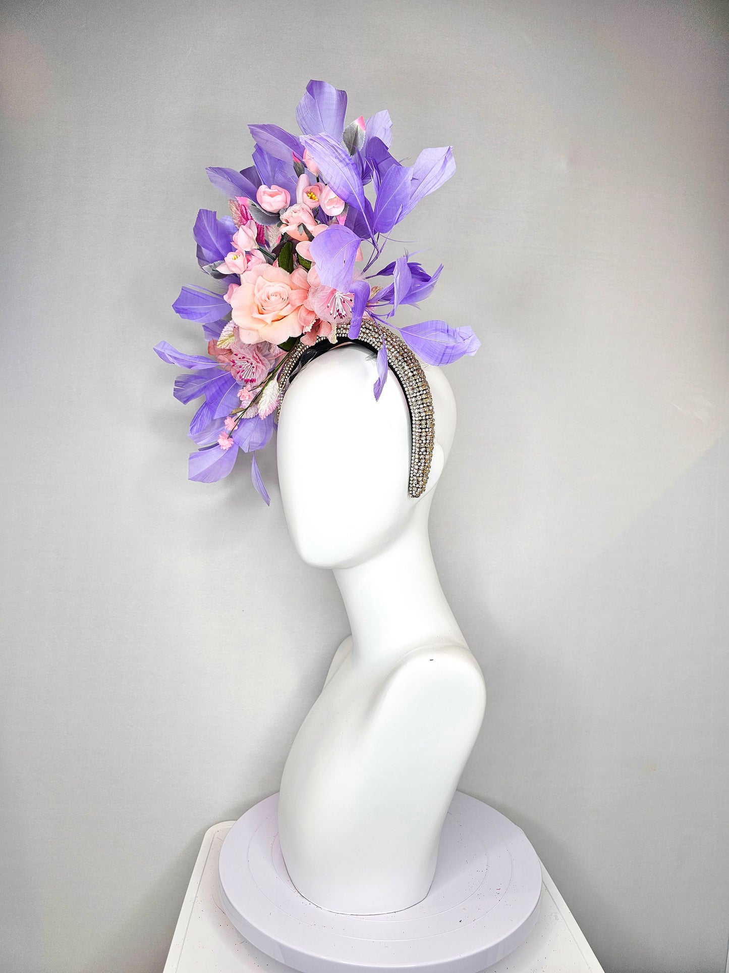 kentucky derby hat fascinator rhinestone crystal headband with light pink blush silkflowers and leaves lavender purple  feathers