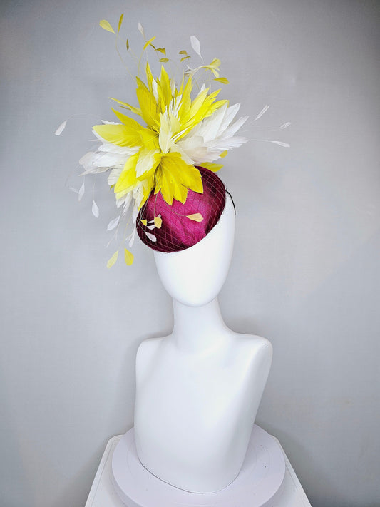 kentucky derby hat fascinator purple magenta wine satin with yellow and white feathers