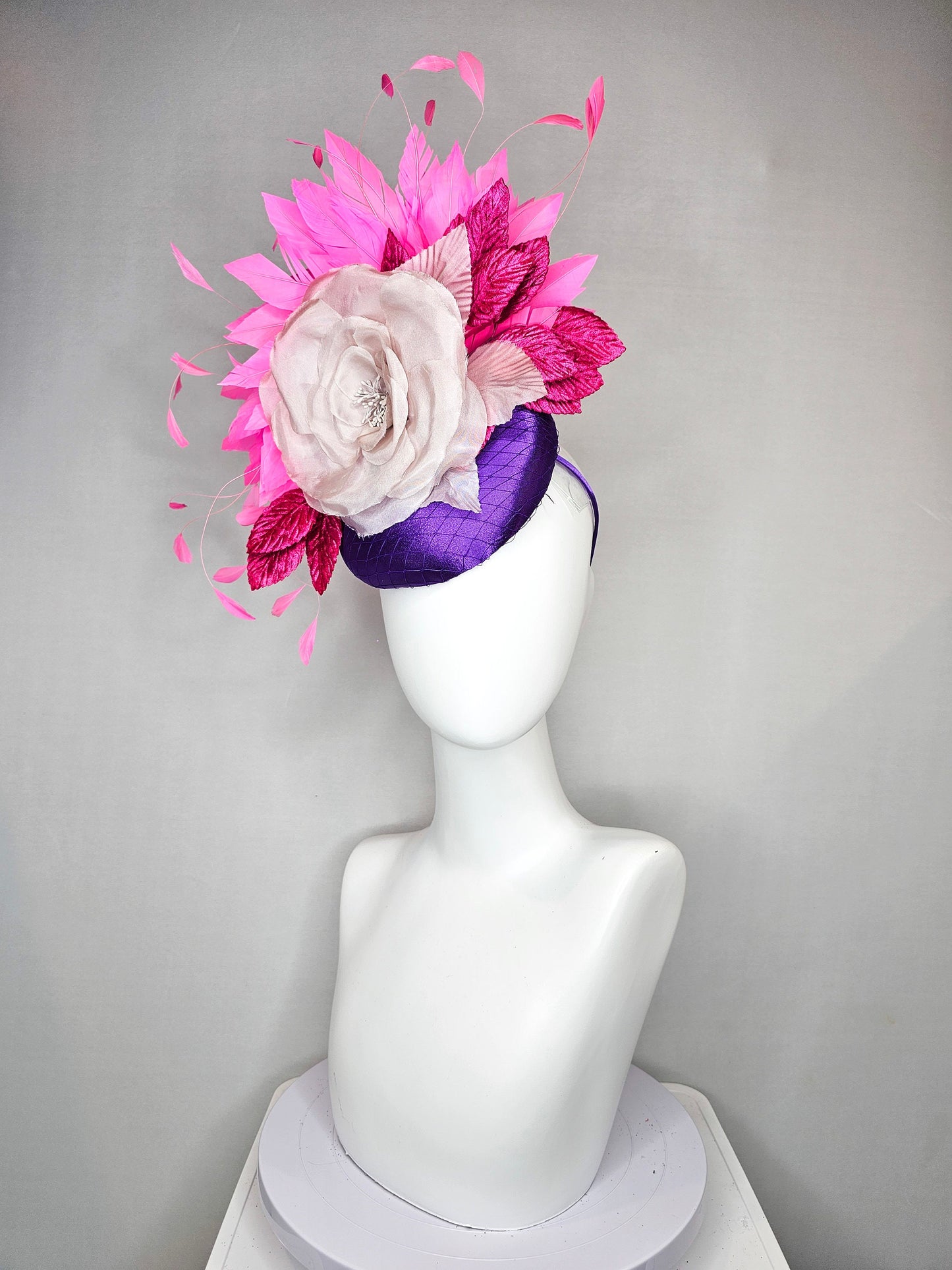 kentucky derby hat fascinator purple satin with large white taupe lavender satin flower pink  leaves fuchsia pink   feathers