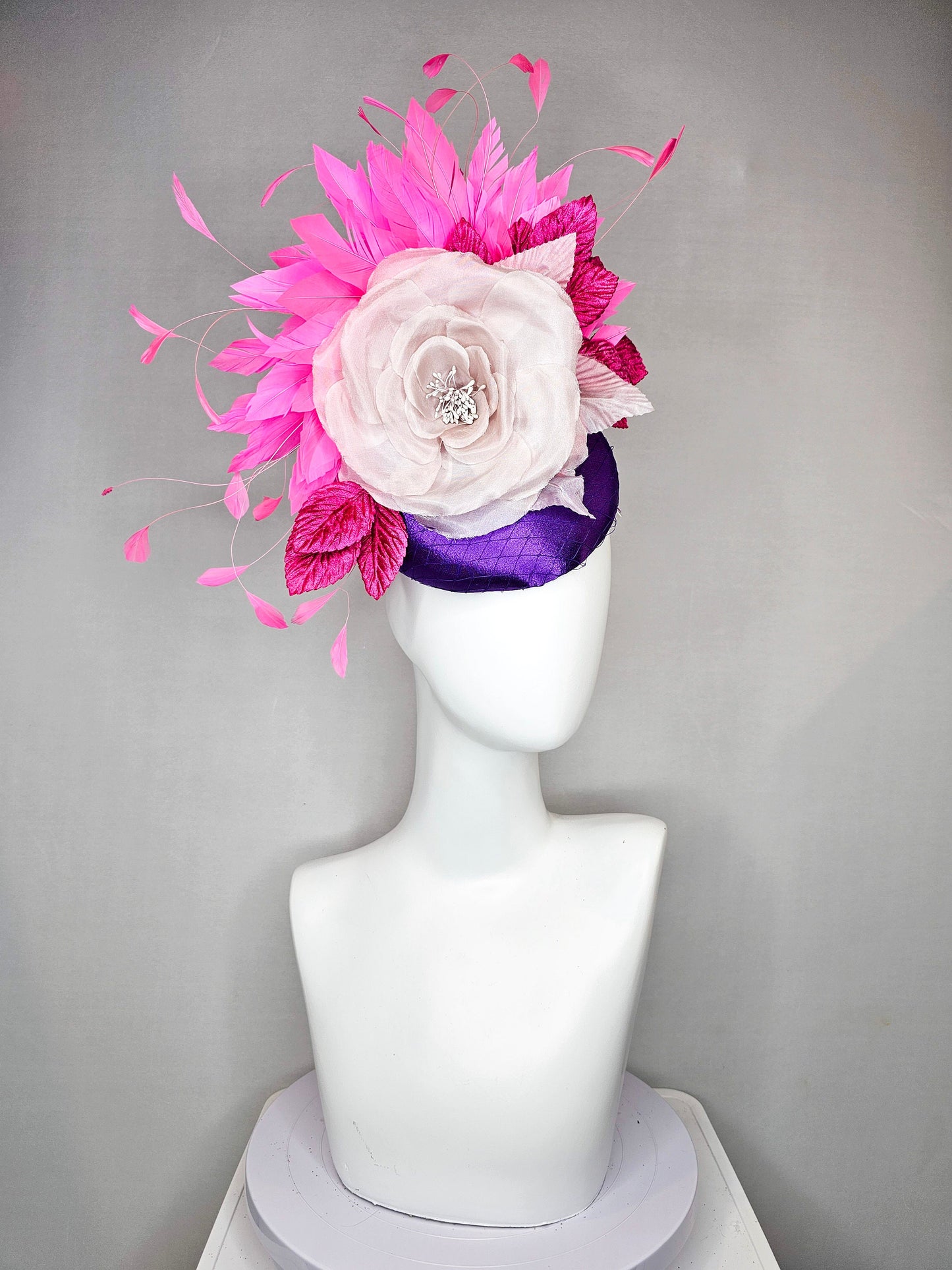 kentucky derby hat fascinator purple satin with large white taupe lavender satin flower pink  leaves fuchsia pink   feathers