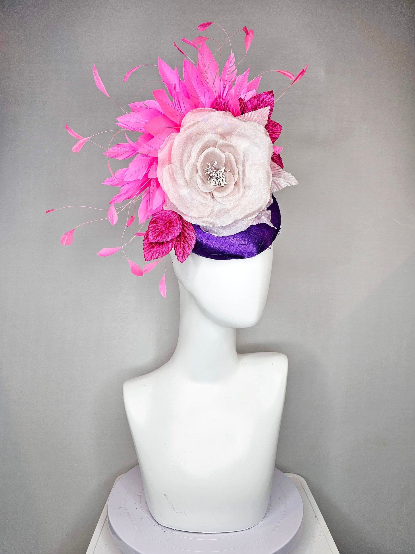 kentucky derby hat fascinator purple satin with large white taupe lavender satin flower pink  leaves fuchsia pink   feathers