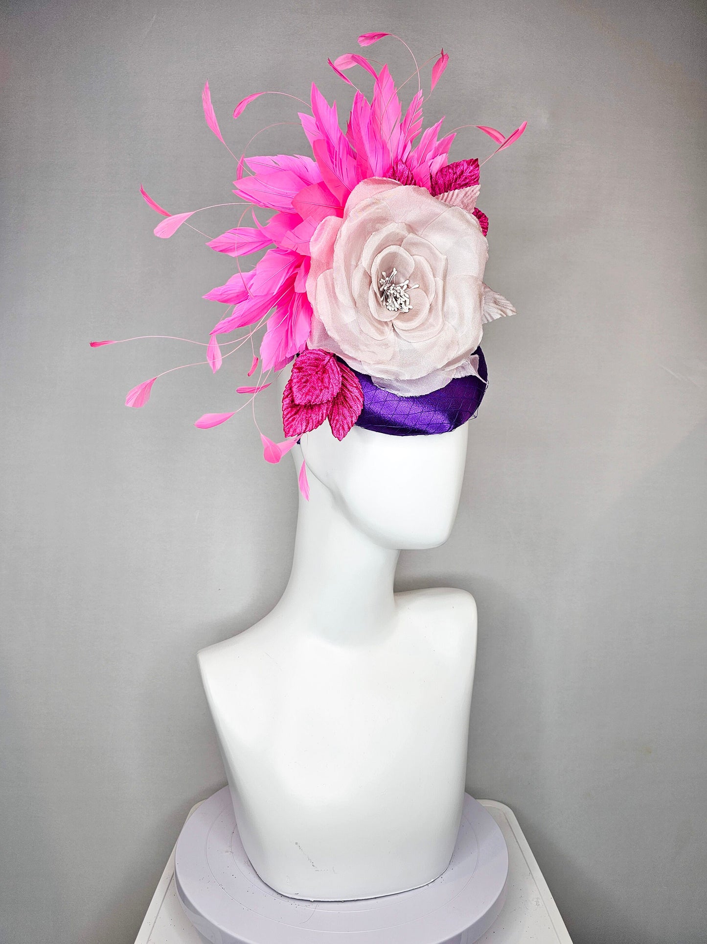 kentucky derby hat fascinator purple satin with large white taupe lavender satin flower pink  leaves fuchsia pink   feathers