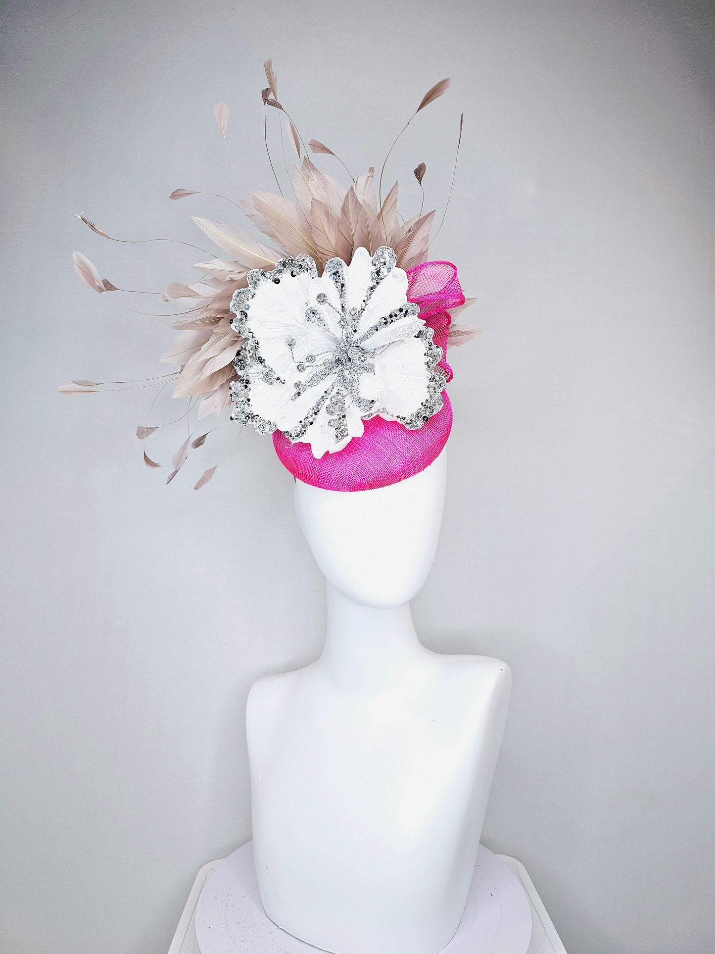 kentucky derby hat fascinator bright  hot pink fuchsia sinamay with large white silver flower with taupe heather neutral feathers