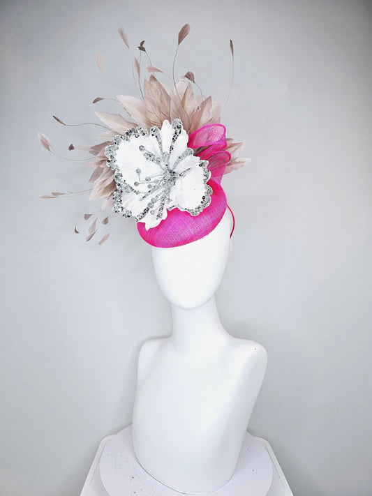 kentucky derby hat fascinator bright  hot pink fuchsia sinamay with large white silver flower with taupe heather neutral feathers