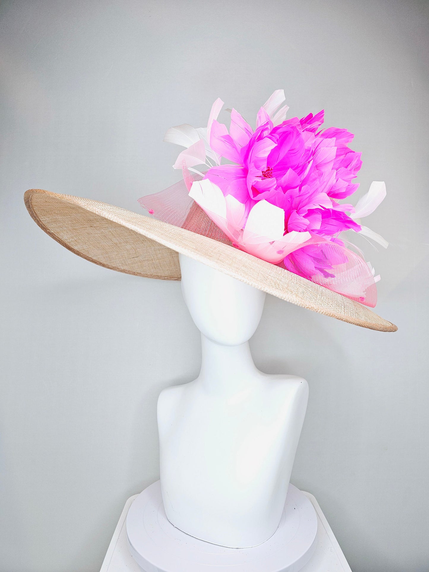 kentucky derby hat large wide brim sinamay neutral taupe beige hat with large white feathers bright pink  feather flowers