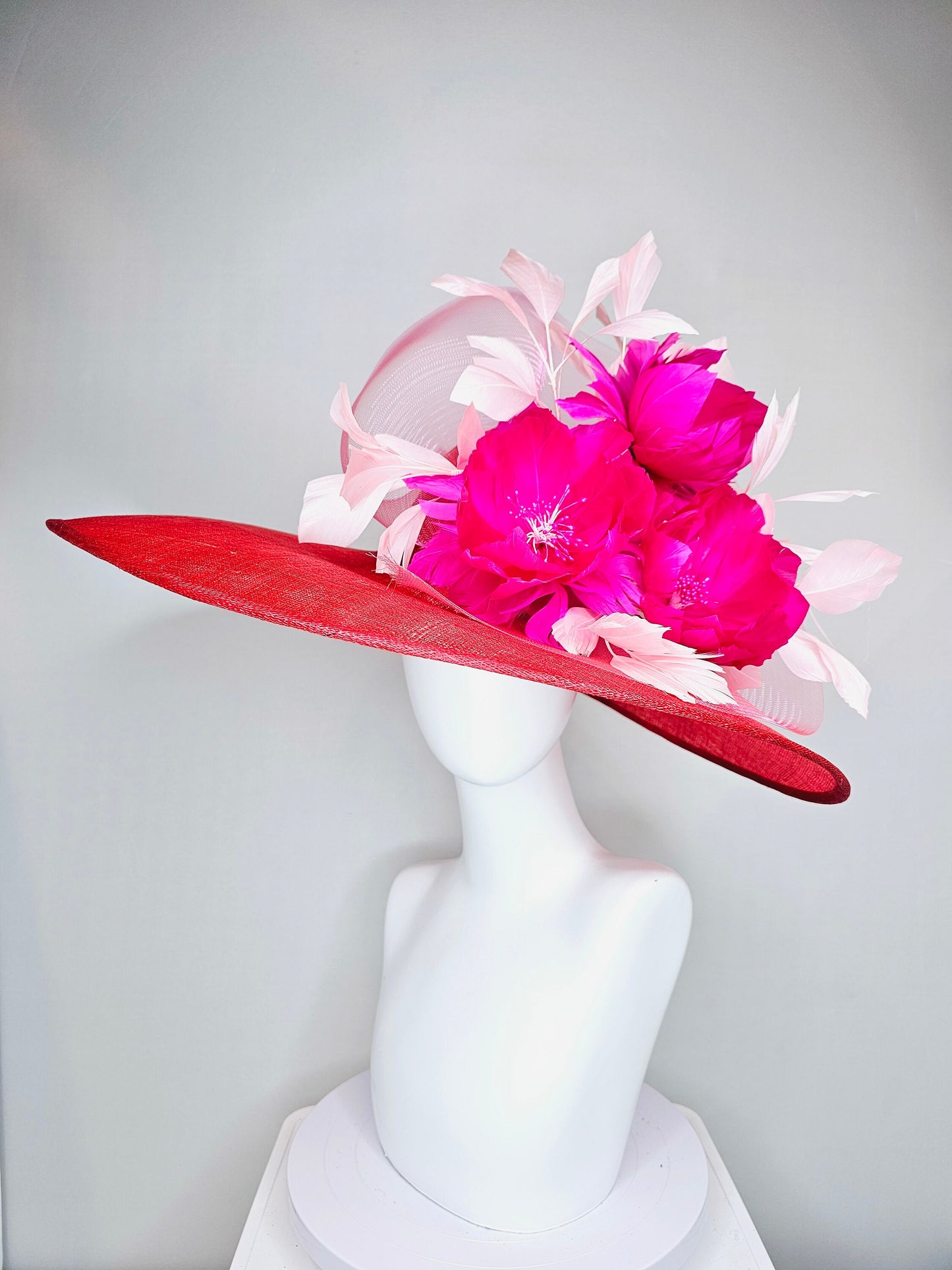 kentucky derby hat large wide brim sinamay red hat with light pink  feathers bright hot pink fuchsia  feather flowers