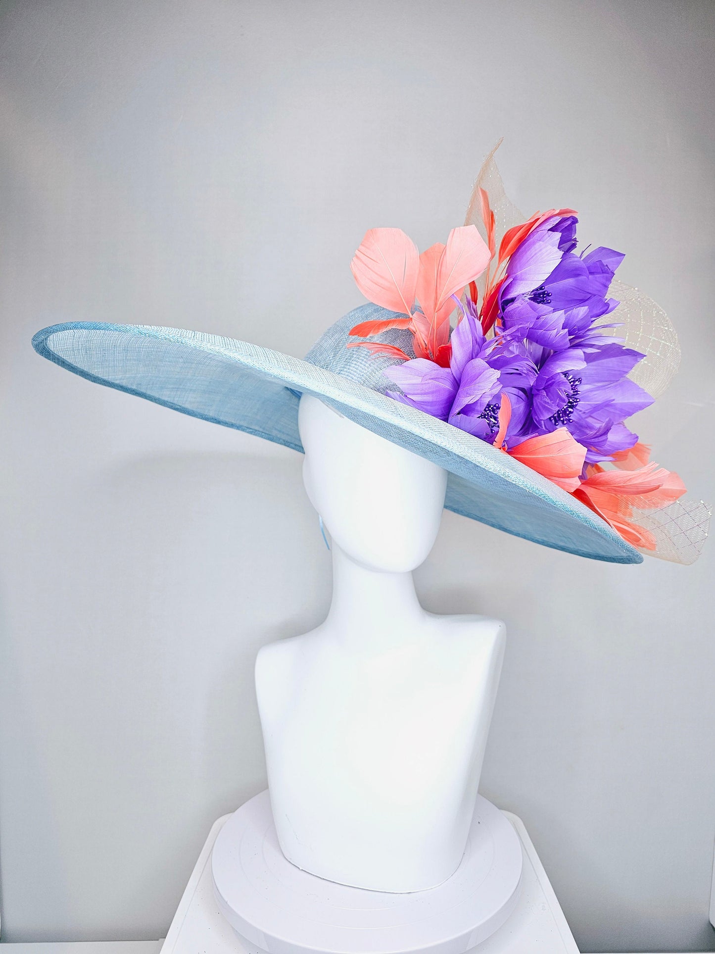 kentucky derby hat large wide brim sinamay light blue hat with coral orange  feathers purple violet feather flowers