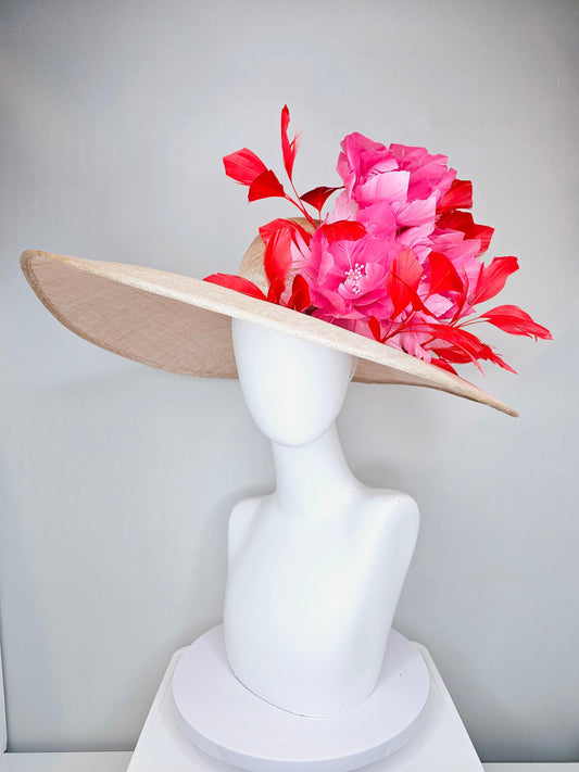 kentucky derby hat large wide brim sinamay neutral taupe beige hat with large red feathers pink feather flowers