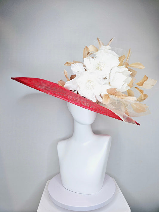 kentucky derby hat large wide brim sinamay red hat with gold champagne neutral  feathers white feather flowers