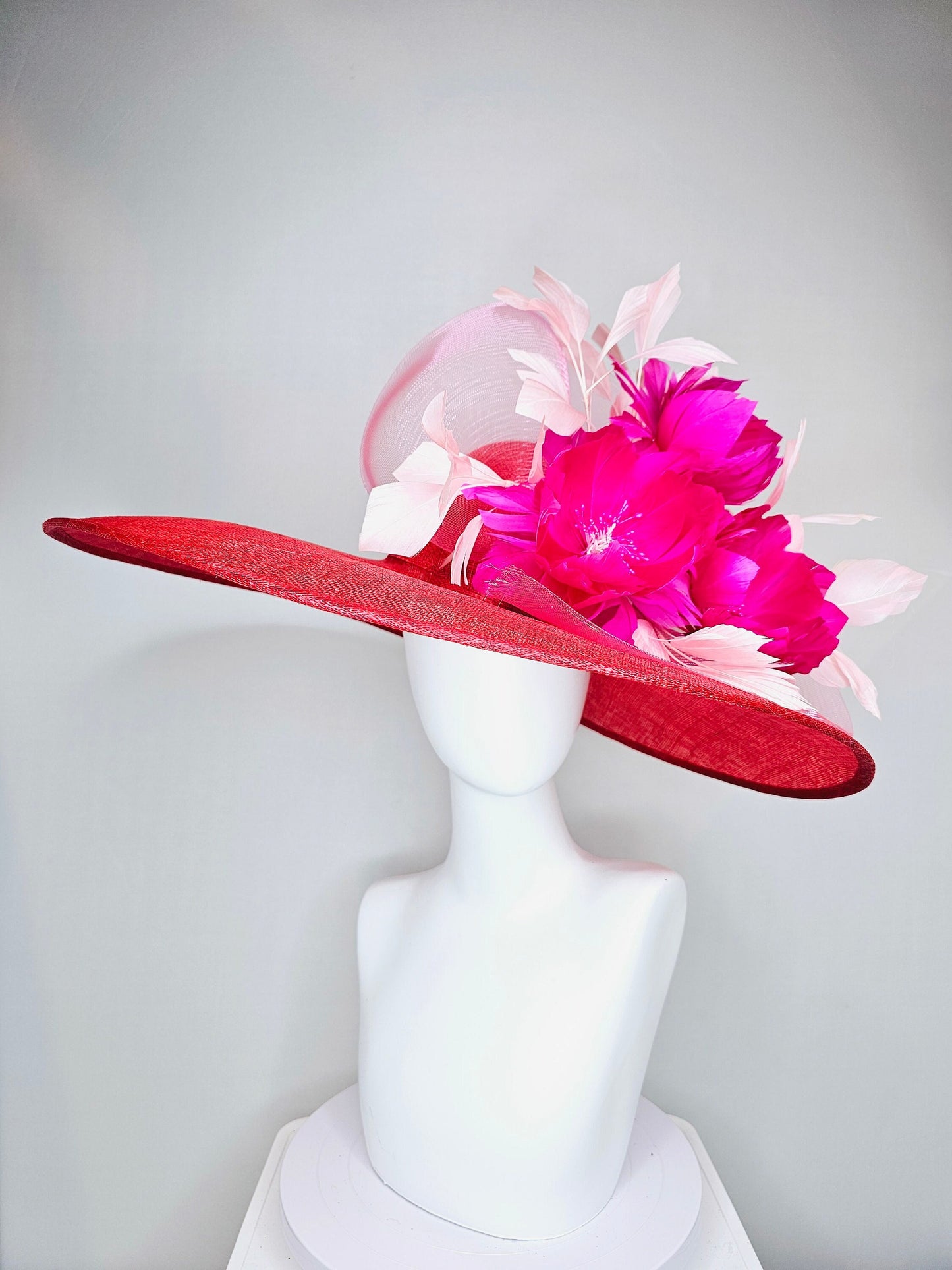 kentucky derby hat large wide brim sinamay red hat with light pink  feathers bright hot pink fuchsia  feather flowers