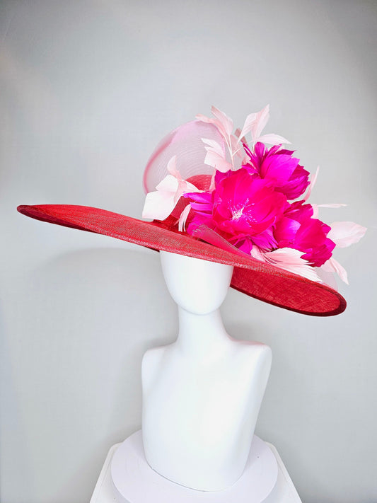 kentucky derby hat large wide brim sinamay red hat with light pink  feathers bright hot pink fuchsia  feather flowers