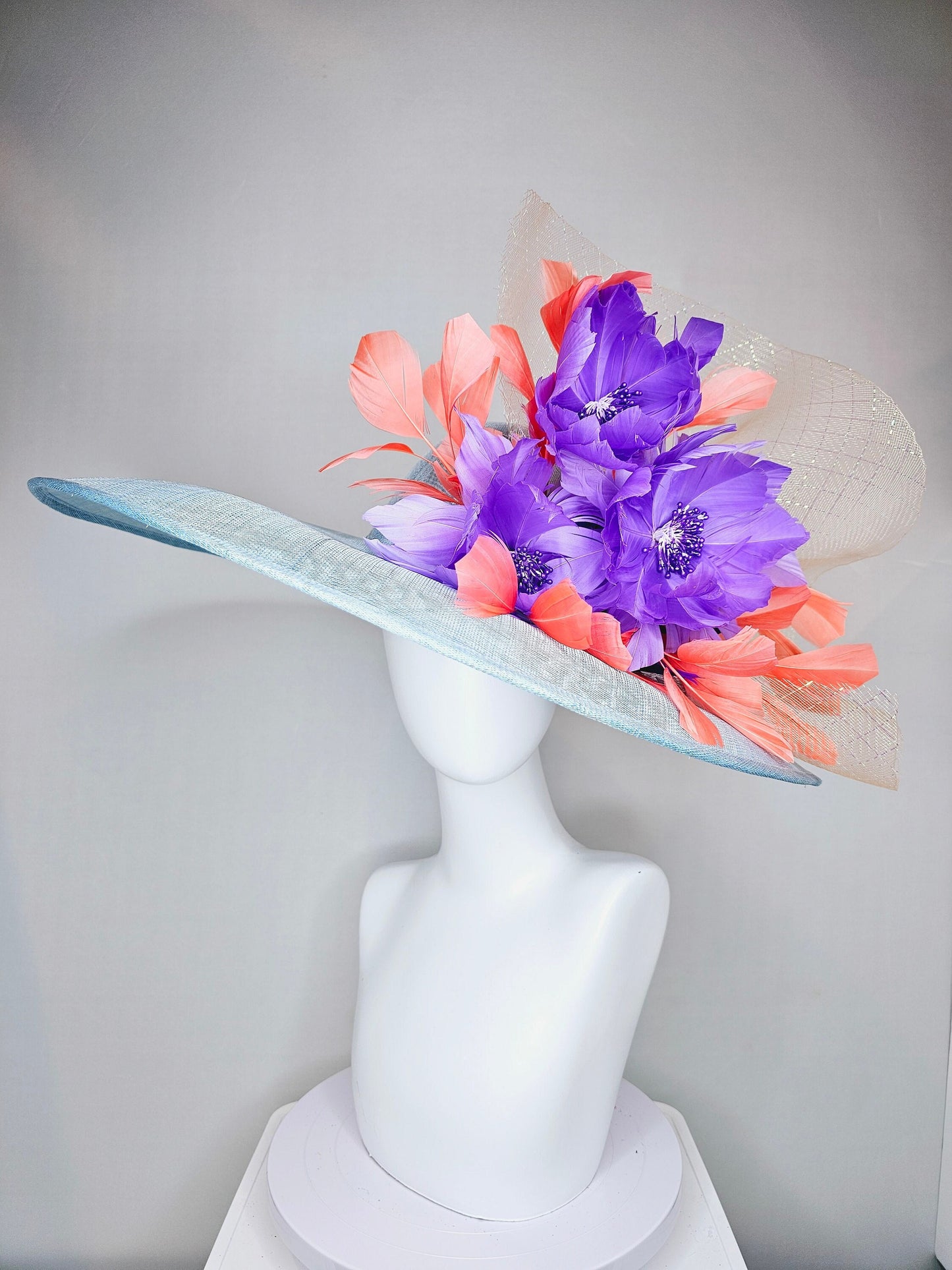 kentucky derby hat large wide brim sinamay light blue hat with coral orange  feathers purple violet feather flowers