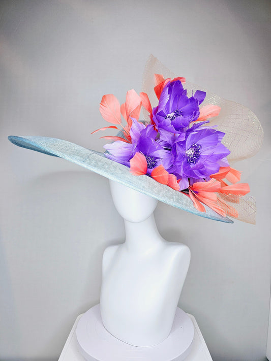 kentucky derby hat large wide brim sinamay light blue hat with coral orange  feathers purple violet feather flowers