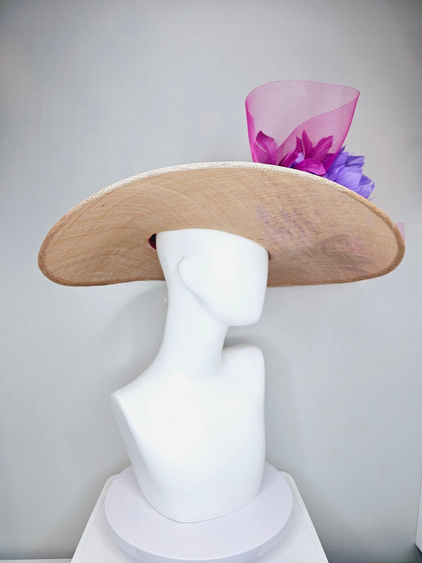 kentucky derby hat large wide brim sinamay neutral beige hat with violet pink feathers purple lavender  fluffy feather flowers