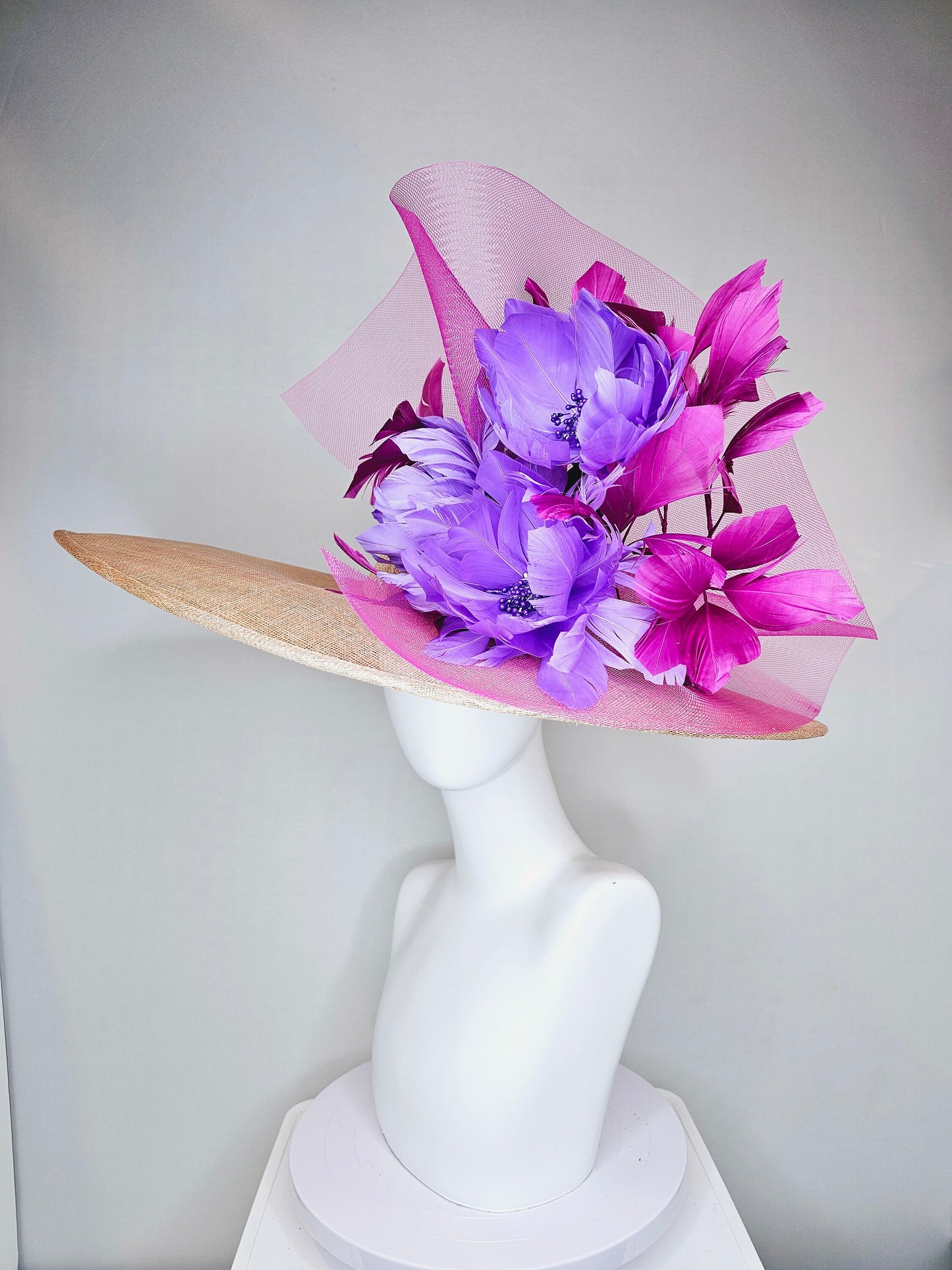 kentucky derby hat large wide brim sinamay neutral beige hat with violet pink feathers purple lavender  fluffy feather flowers