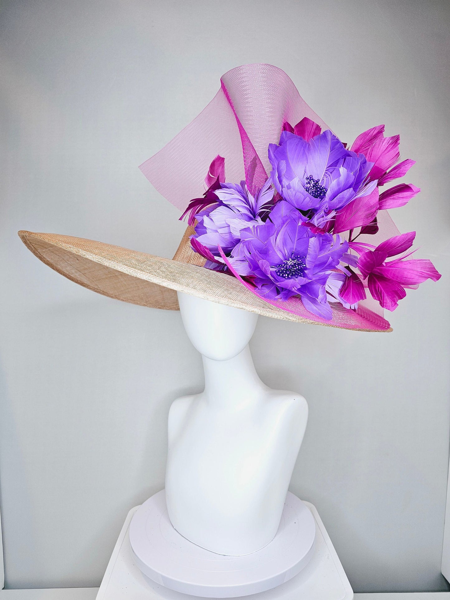 kentucky derby hat large wide brim sinamay neutral beige hat with violet pink feathers purple lavender  fluffy feather flowers