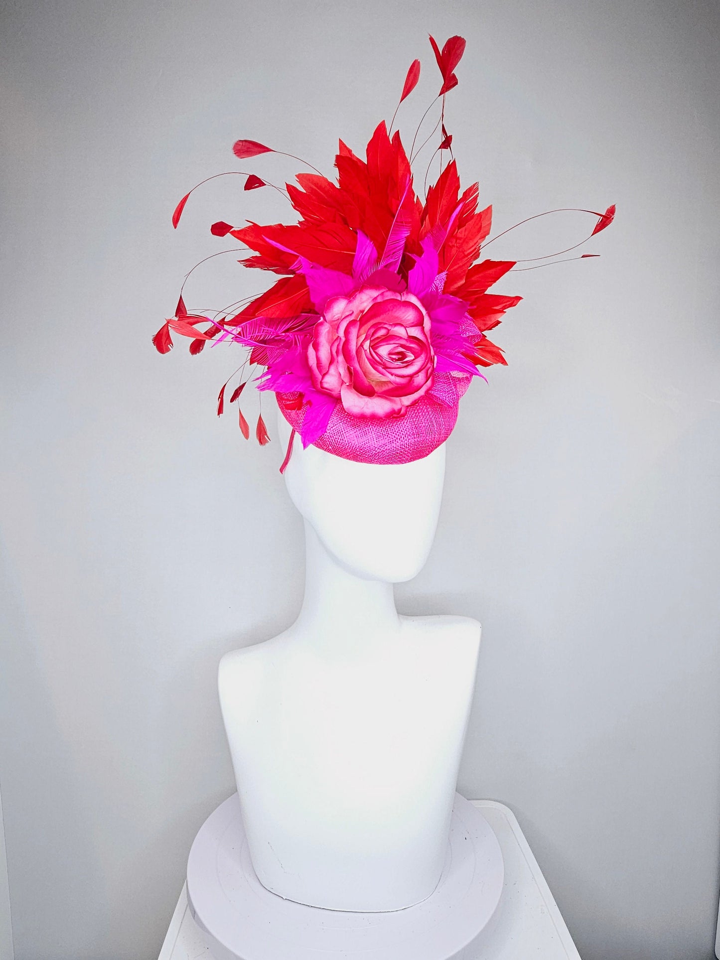 kentucky derby hat fascinator hot pink sinamay with bright pink red ombre rose flower with red feathers