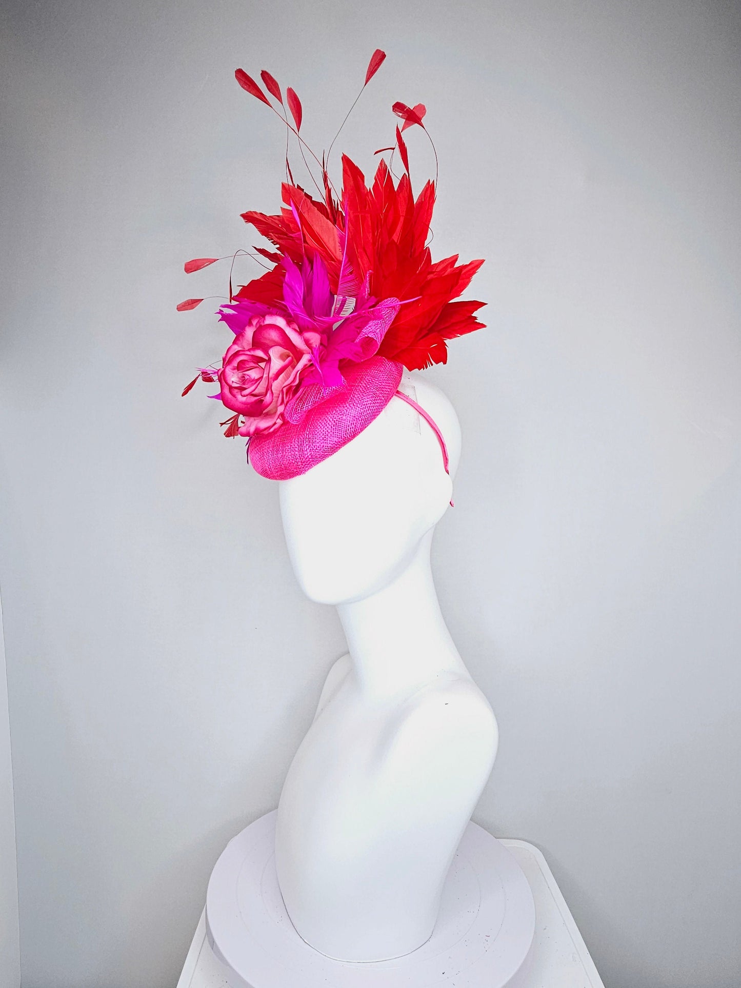 kentucky derby hat fascinator hot pink sinamay with bright pink red ombre rose flower with red feathers