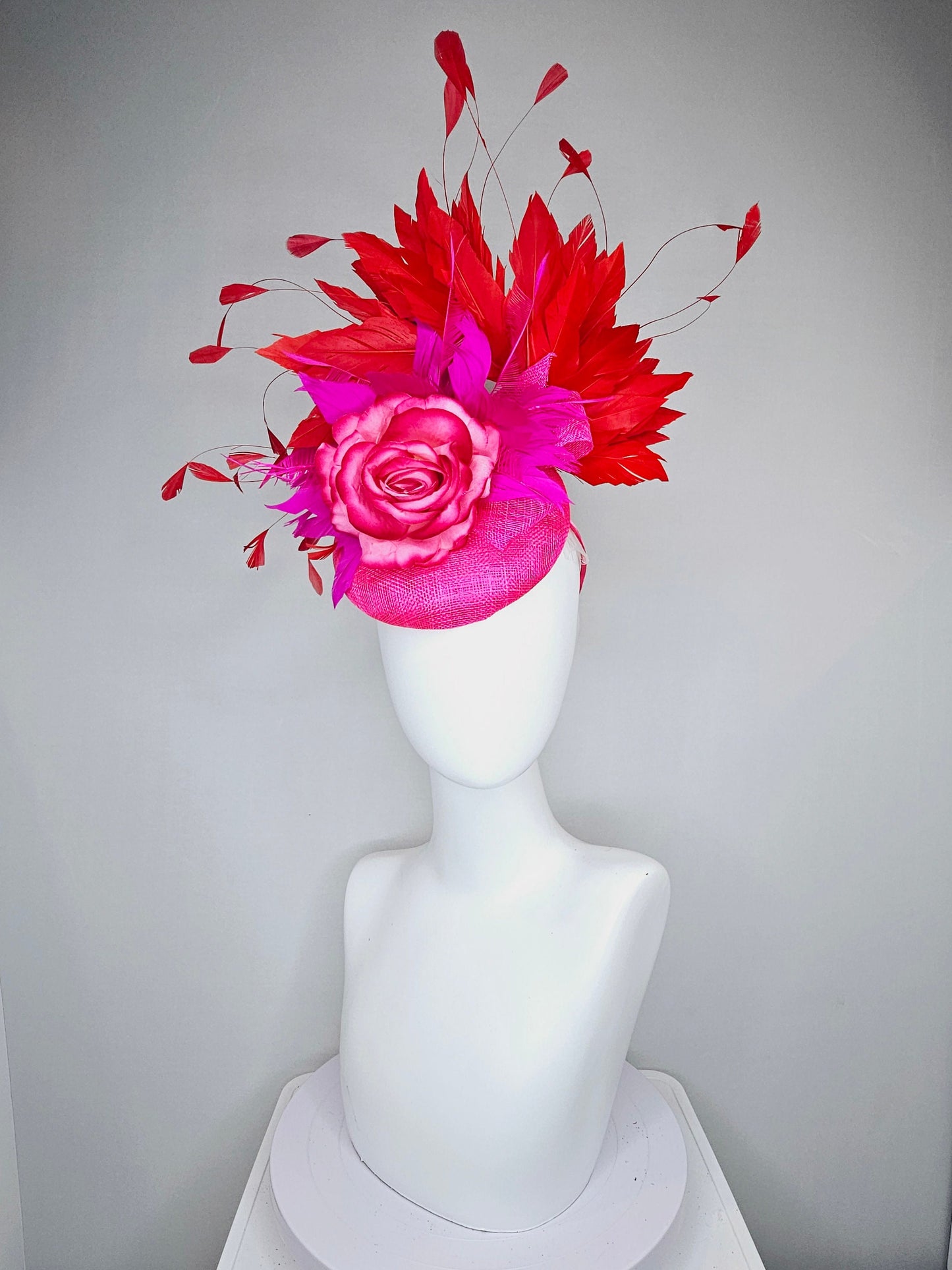 kentucky derby hat fascinator hot pink sinamay with bright pink red ombre rose flower with red feathers