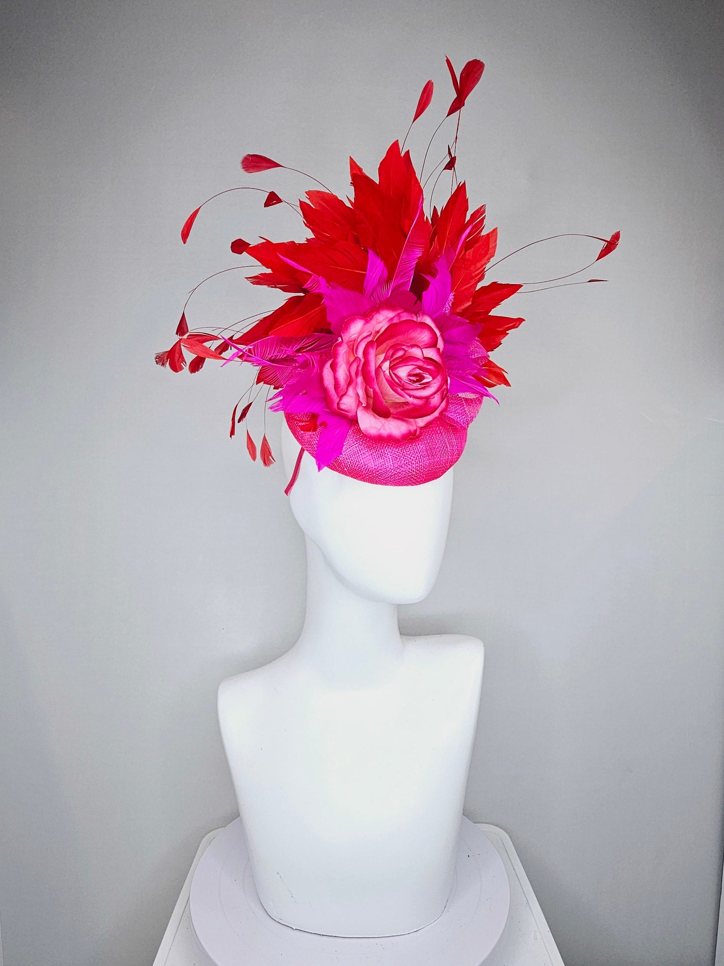 kentucky derby hat fascinator hot pink sinamay with bright pink red ombre rose flower with red feathers