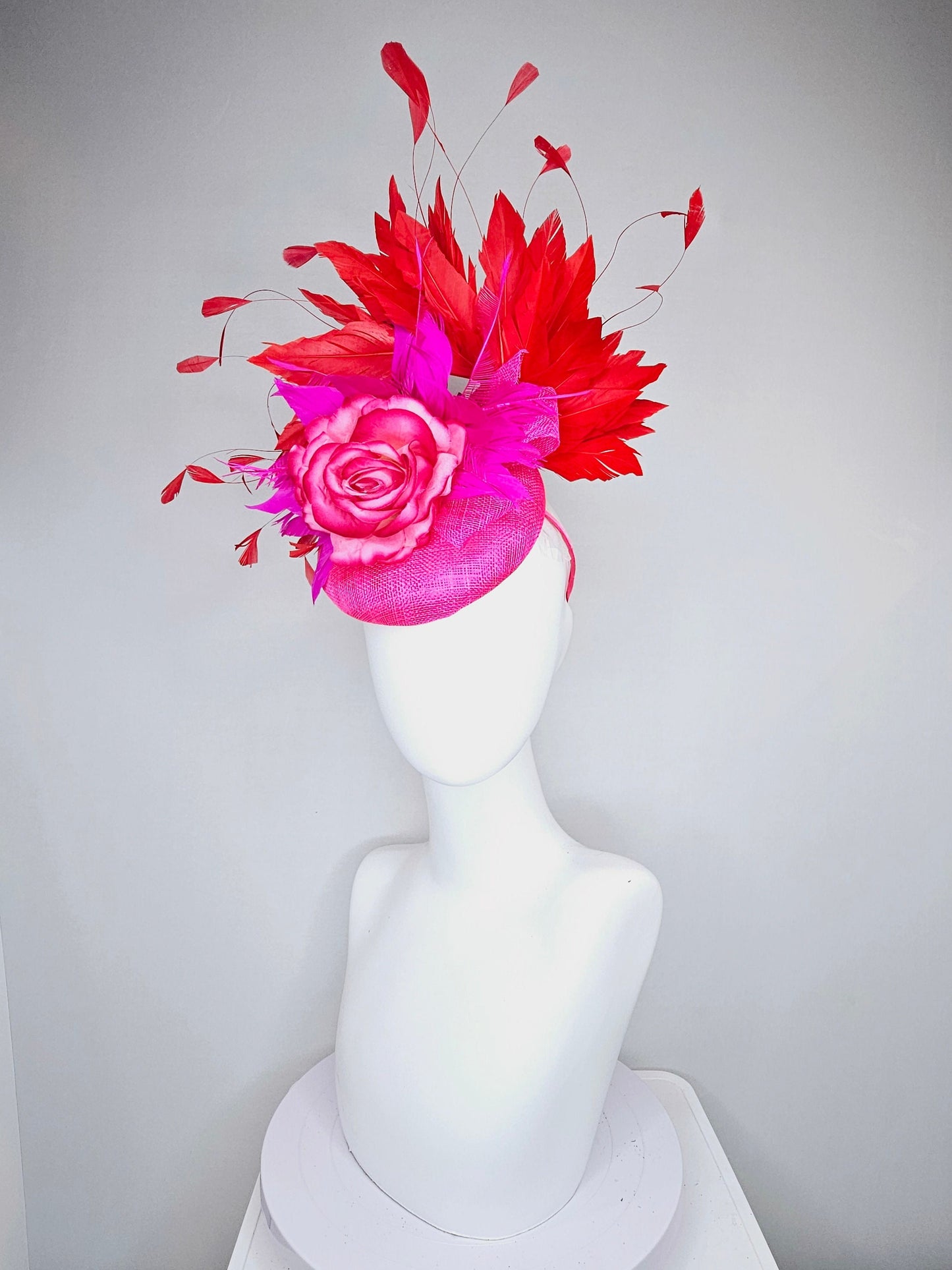 kentucky derby hat fascinator hot pink sinamay with bright pink red ombre rose flower with red feathers