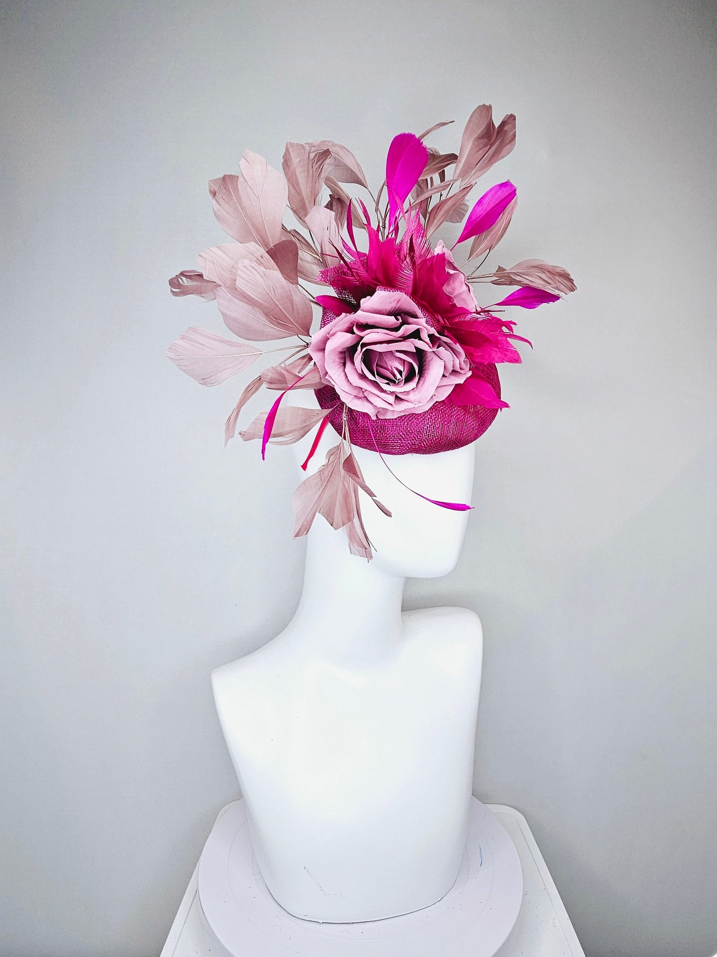 kentucky derby hat fascinator magenta purple sinamay with purple curls taupe gold feathers and pink feathers and roses