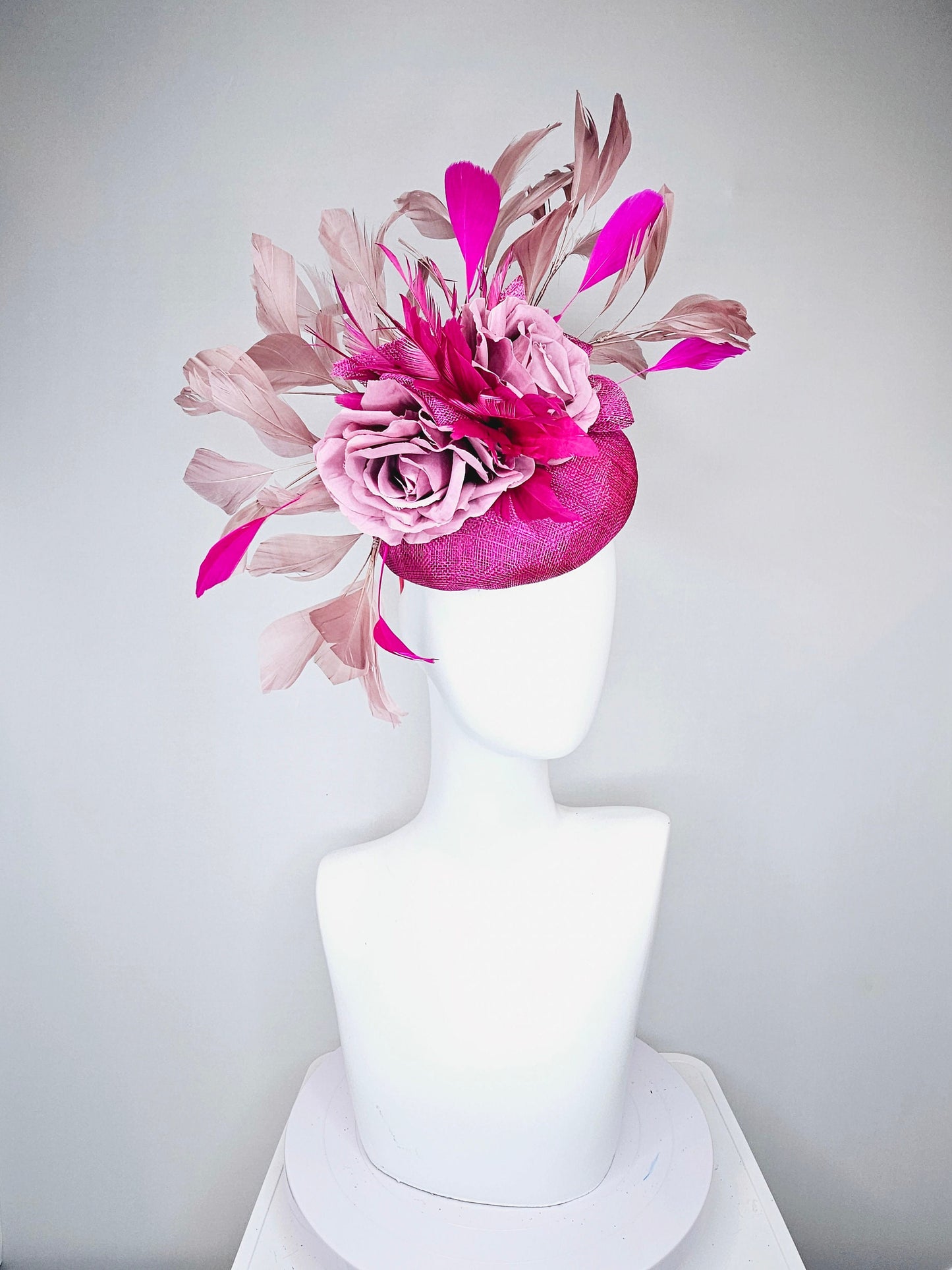 kentucky derby hat fascinator magenta purple sinamay with purple curls taupe gold feathers and pink feathers and roses