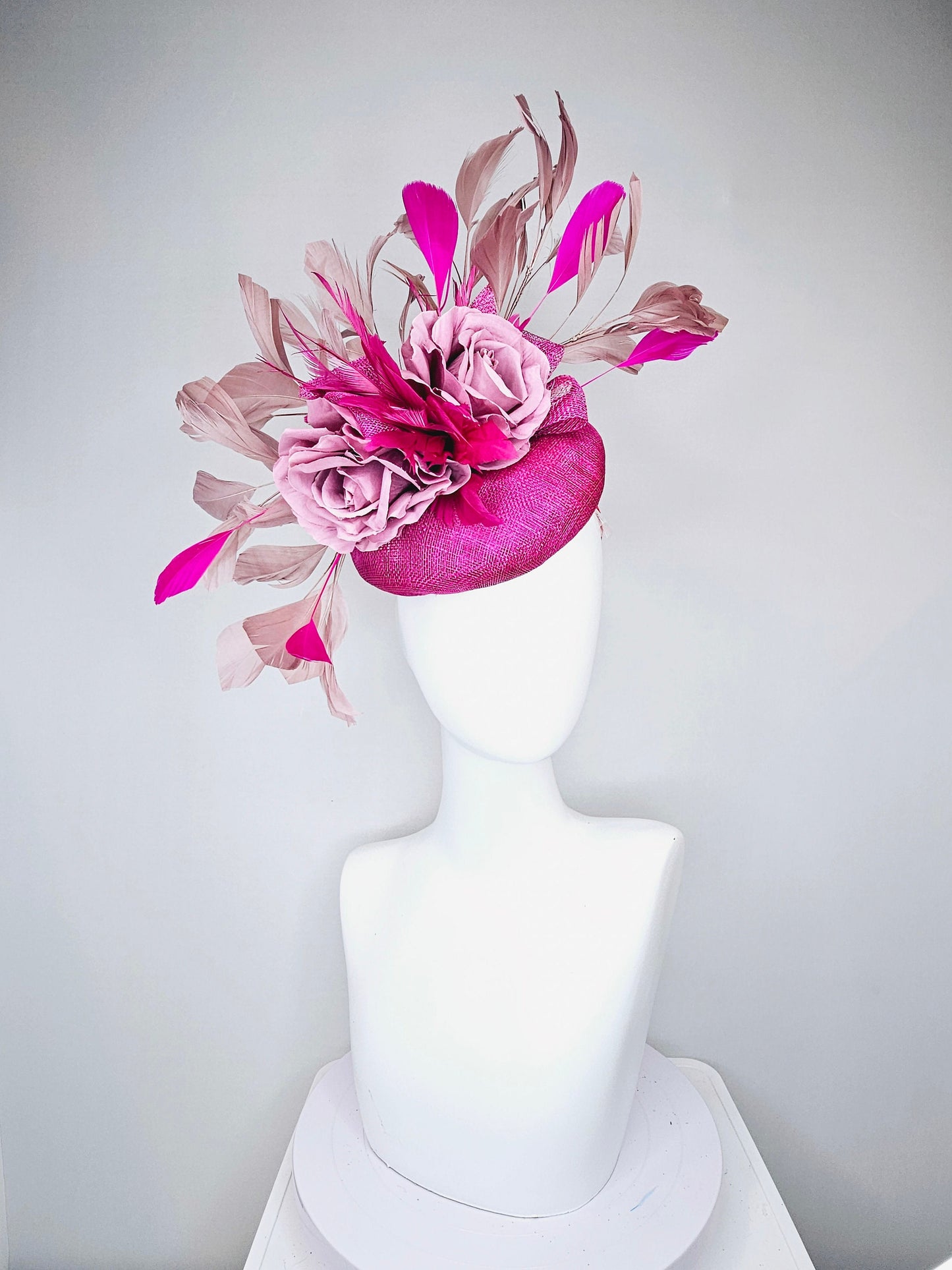 kentucky derby hat fascinator magenta purple sinamay with purple curls taupe gold feathers and pink feathers and roses