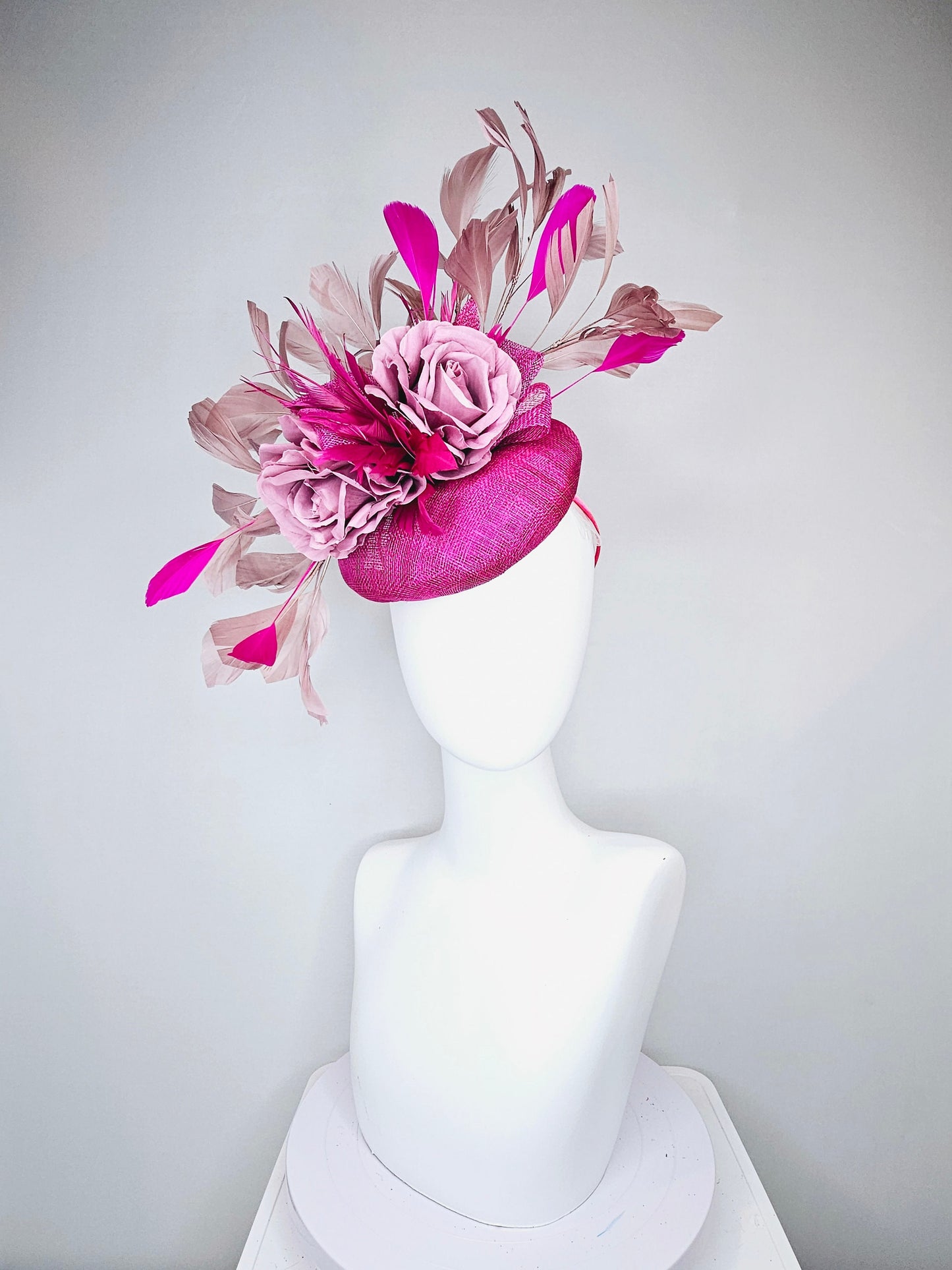 kentucky derby hat fascinator magenta purple sinamay with purple curls taupe gold feathers and pink feathers and roses