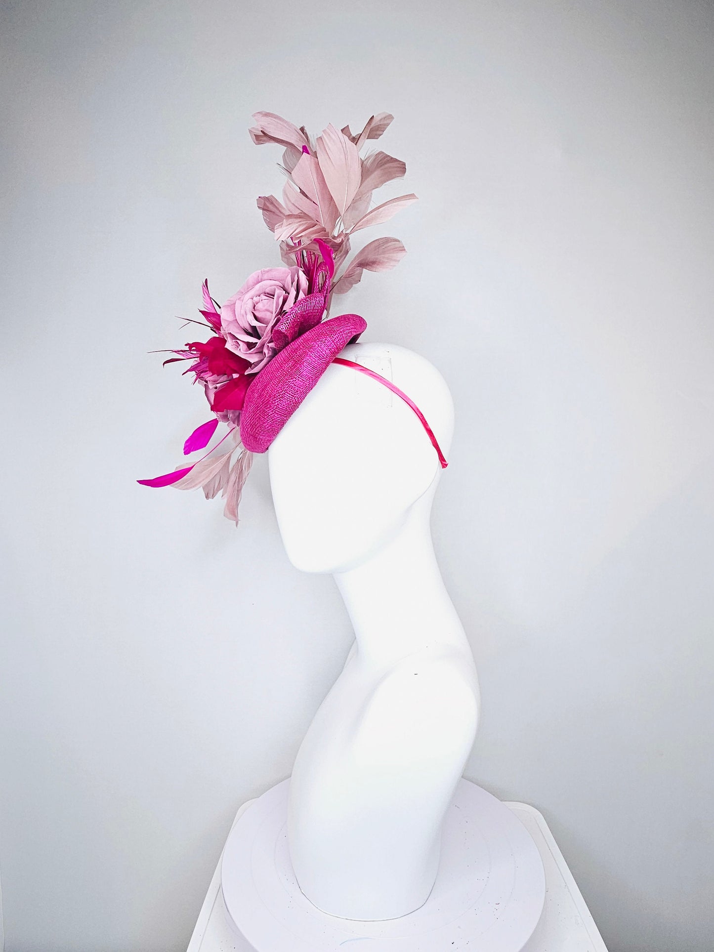 kentucky derby hat fascinator magenta purple sinamay with purple curls taupe gold feathers and pink feathers and roses