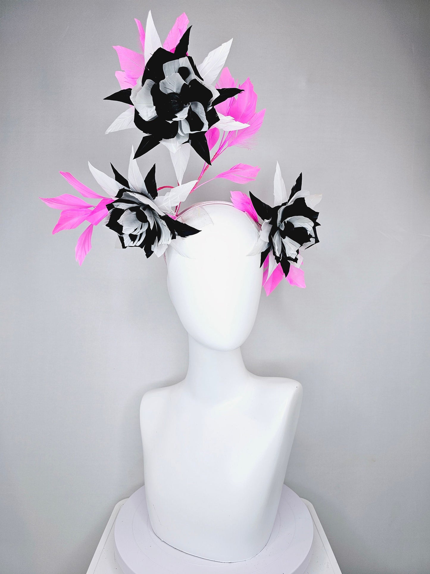 kentucky derby hat fascinator black and white abstract feather flowers with bright pink feathers