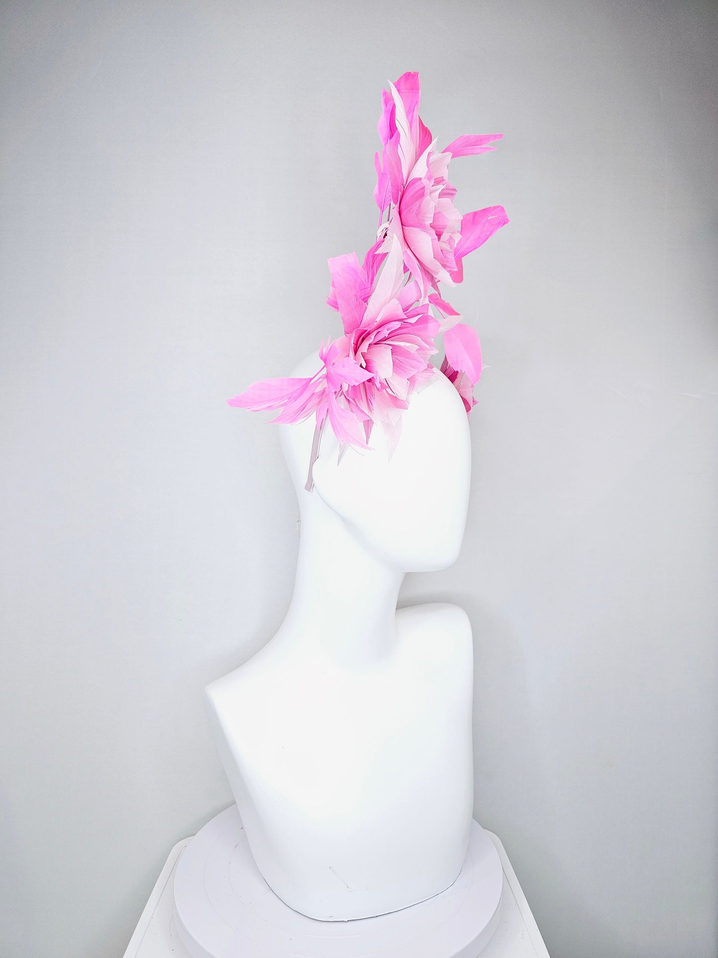 kentucky derby hat fascinator pink and blush abstract feather flowers with pink feathers