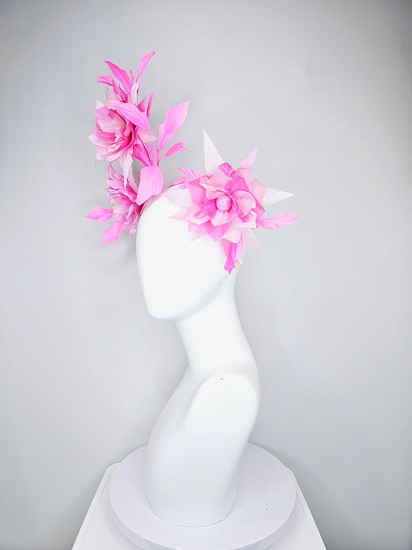 kentucky derby hat fascinator pink and blush abstract feather flowers with pink feathers