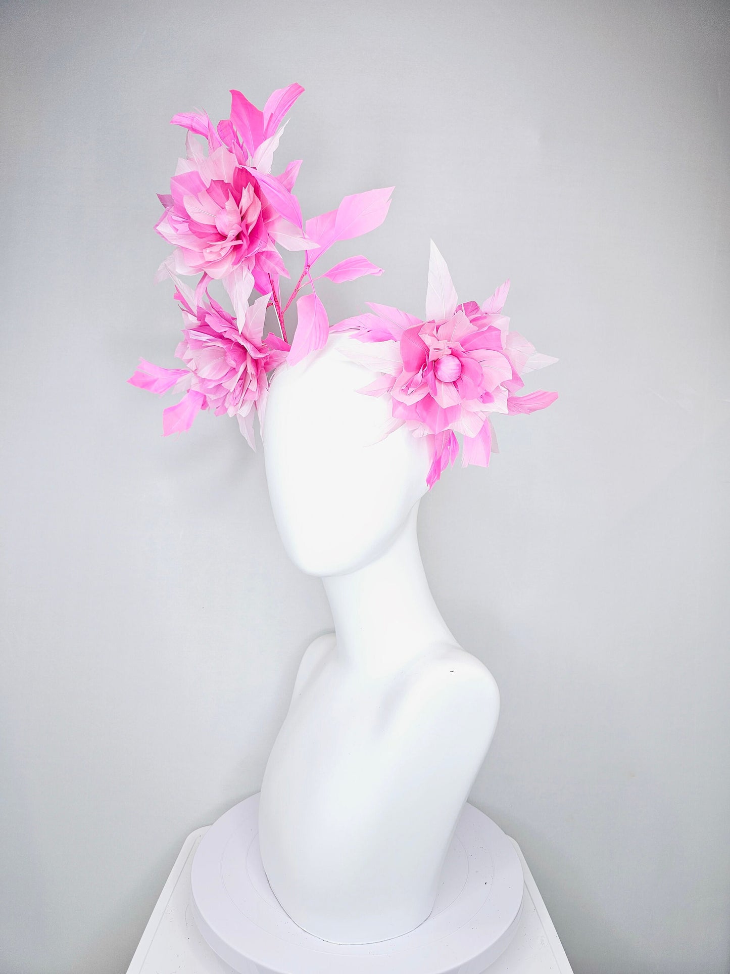 kentucky derby hat fascinator pink and blush abstract feather flowers with pink feathers