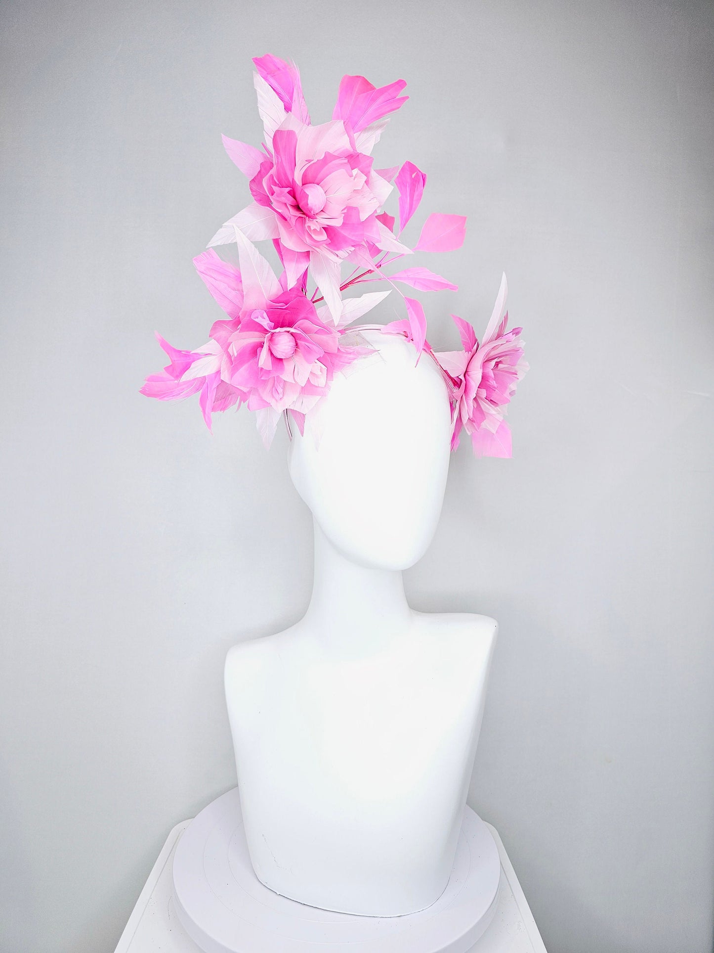 kentucky derby hat fascinator pink and blush abstract feather flowers with pink feathers