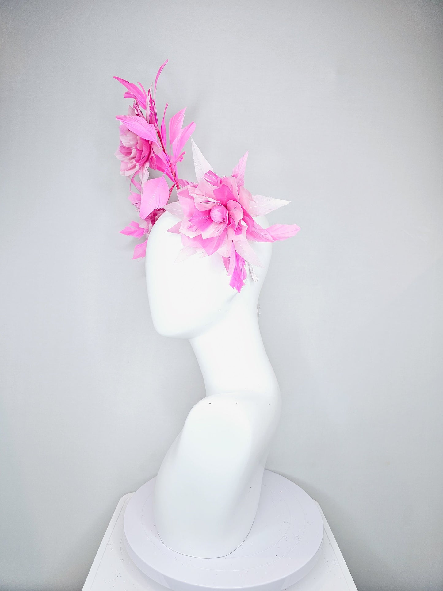 kentucky derby hat fascinator pink and blush abstract feather flowers with pink feathers