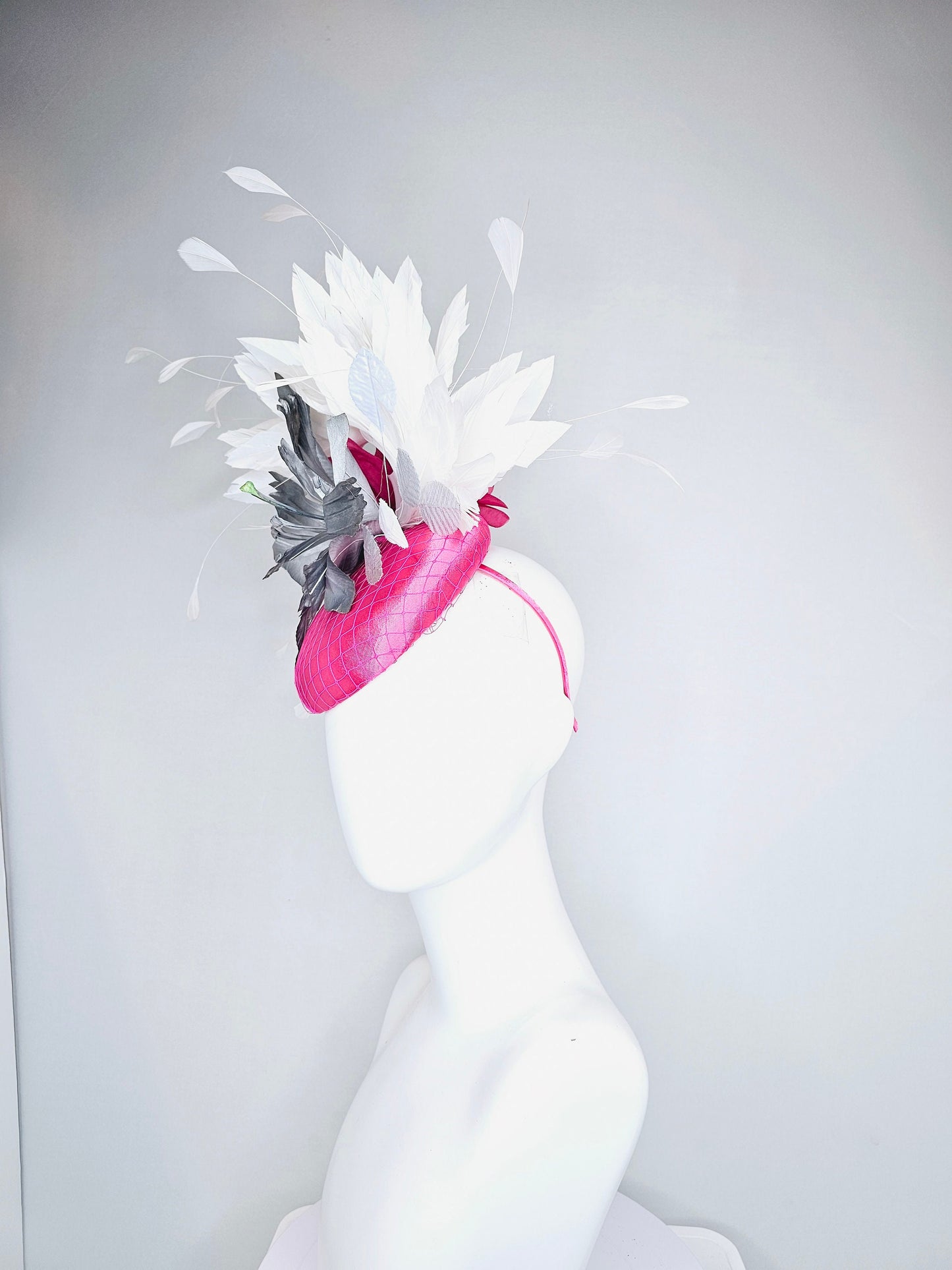 kentucky derby hat fascinator bright hot pink satin with large ombre gray silver satin flower with white feathers