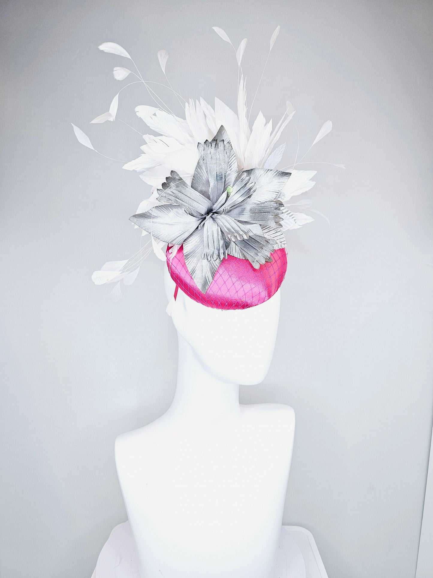 kentucky derby hat fascinator bright hot pink satin with large ombre gray silver satin flower with white feathers