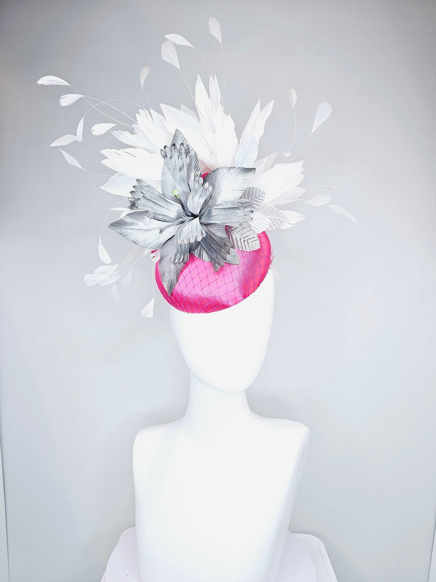 kentucky derby hat fascinator bright hot pink satin with large ombre gray silver satin flower with white feathers