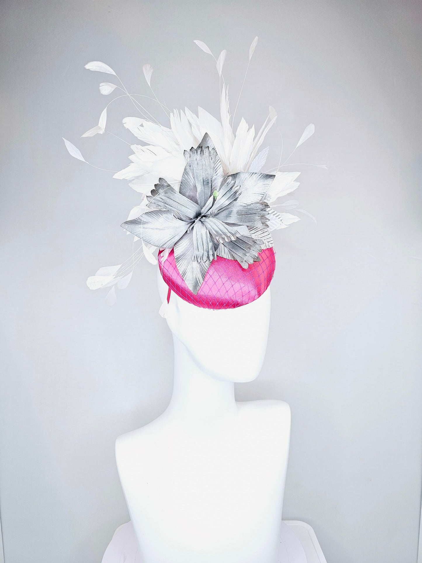 kentucky derby hat fascinator bright hot pink satin with large ombre gray silver satin flower with white feathers