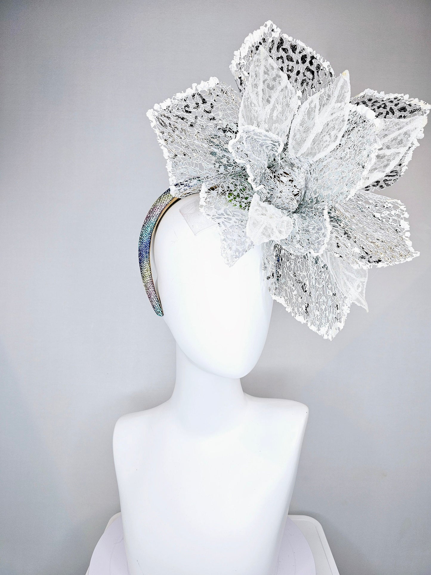 kentucky derby hat fascinator pastel colorful rainbow crystal headband with white silver lace mesh large flower