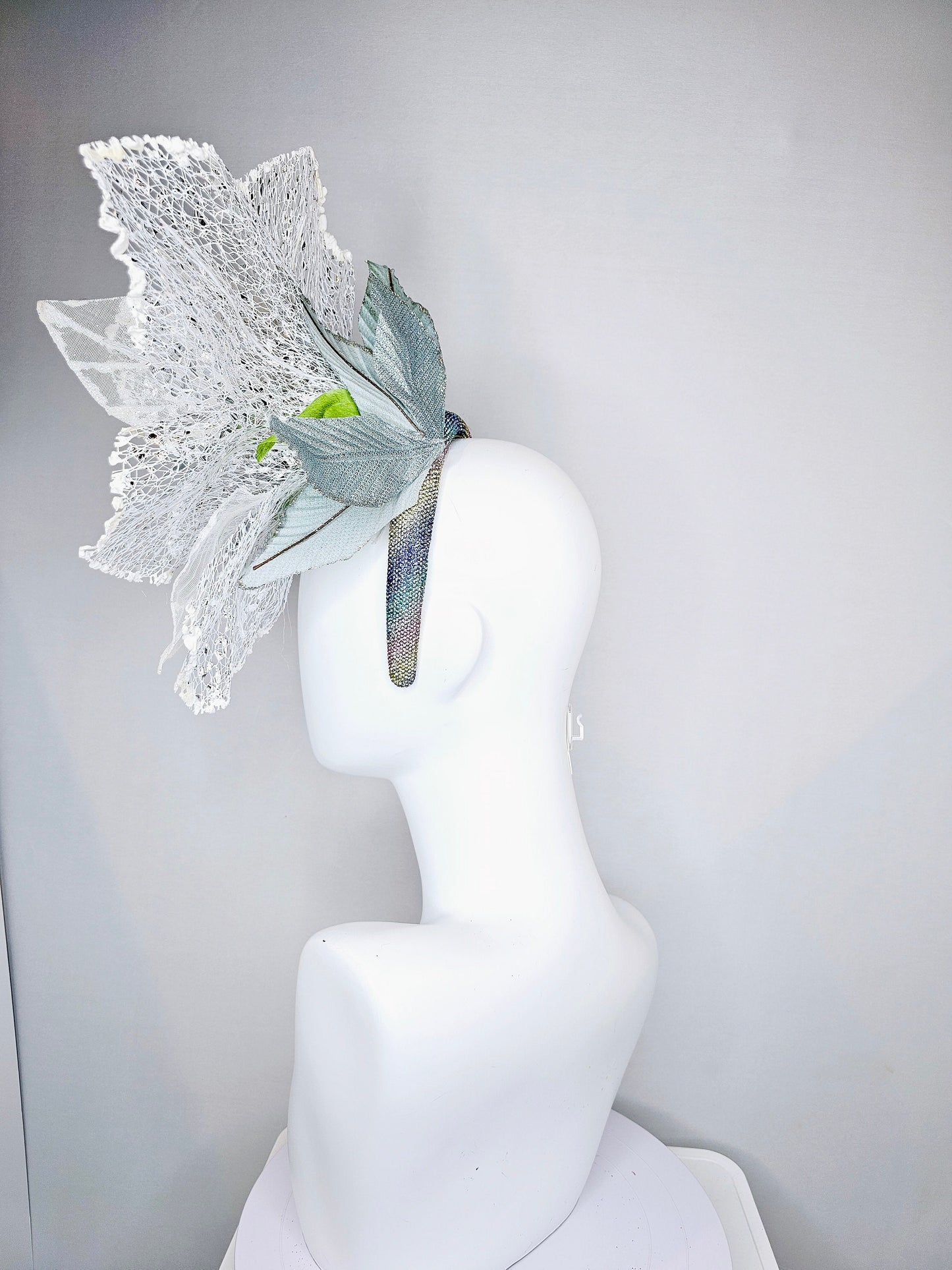 kentucky derby hat fascinator pastel colorful rainbow crystal headband with white silver lace mesh large flower