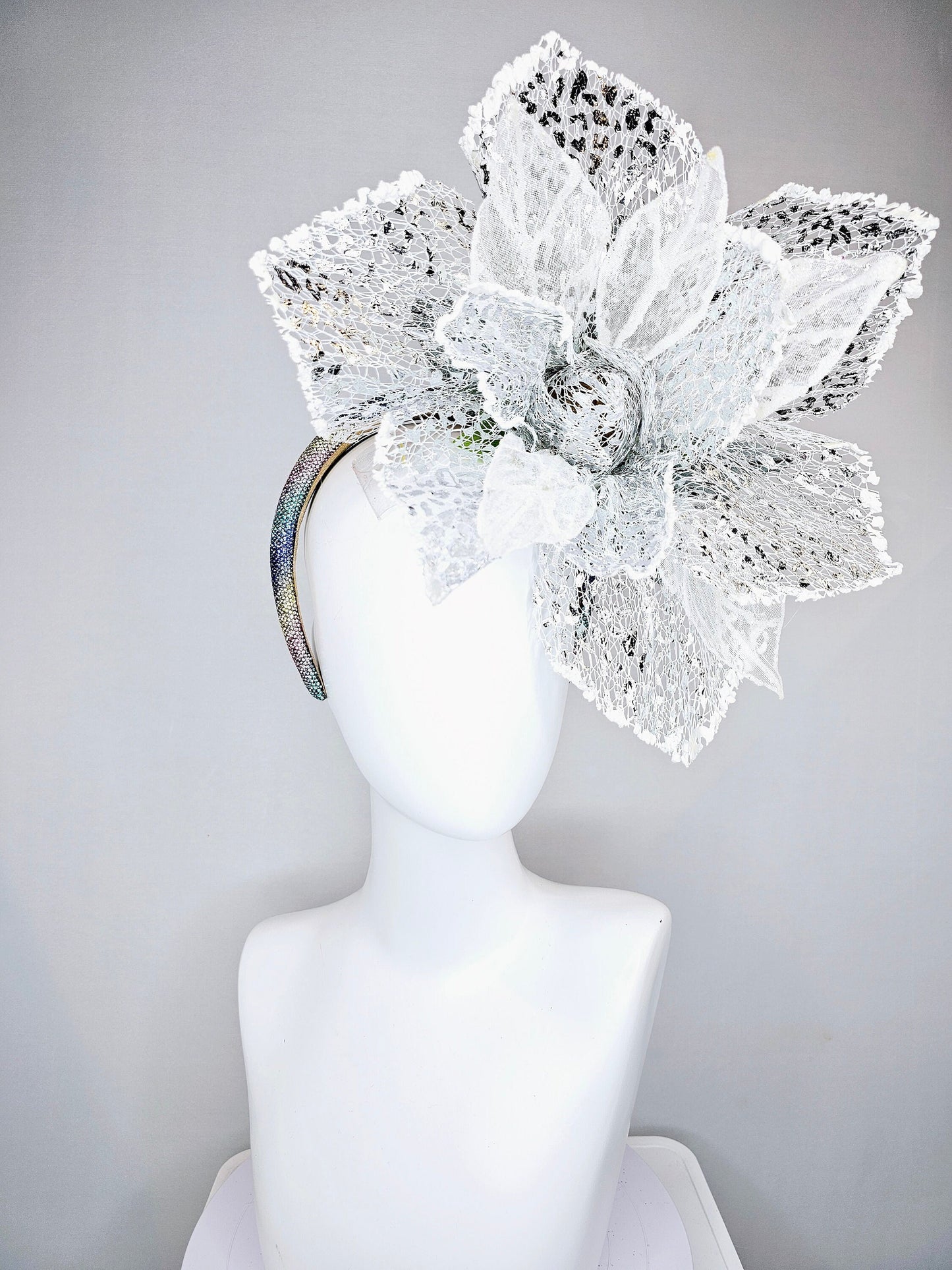 kentucky derby hat fascinator pastel colorful rainbow crystal headband with white silver lace mesh large flower