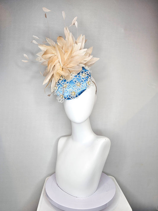 kentucky derby hat fascinator hat light blue satin with large apricot champagne peach feathers with beige gold white pearl beaded flowers