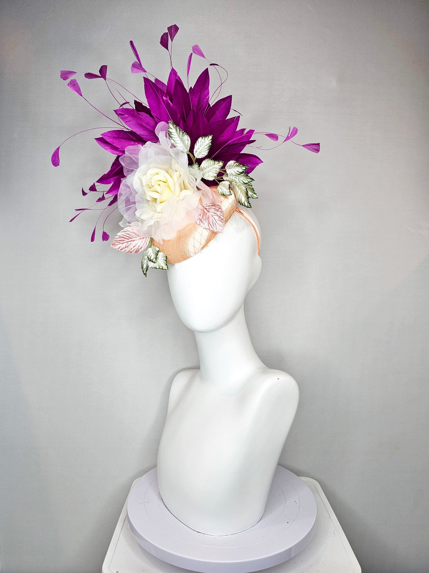 kentucky derby hat fascinator champagne blush pink satin with purple feathers organza ivory rose flower green gray satin and pink  leaves