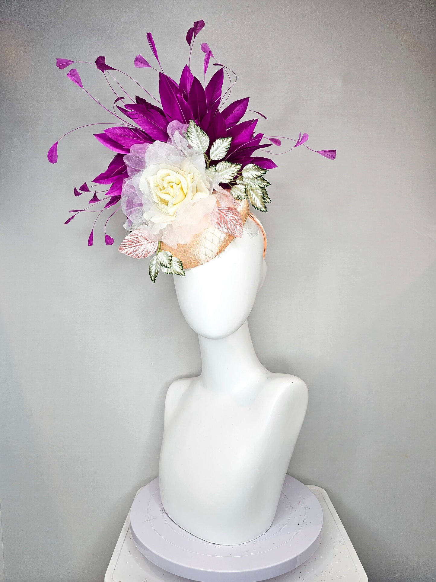 kentucky derby hat fascinator champagne blush pink satin with purple feathers organza ivory rose flower green gray satin and pink  leaves